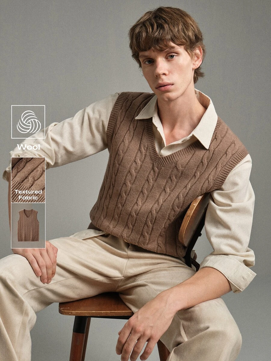Calmiston Men's Wool Blend Cable Knit Sweater Vest V-Neck Solid Color Textured Sleeveless Pullover Casual Autumn Teachers' Day Coffee Brown Graduation - Khaki - View 1