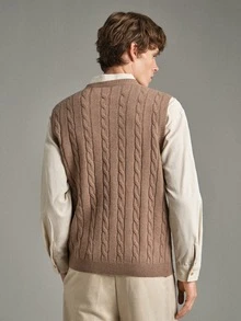 Calmiston Men's Wool Blend Cable Knit Sweater Vest V-Neck Solid Color Textured Sleeveless Pullover Casual Autumn Teachers' Day Coffee Brown Graduation - Khaki - View 7