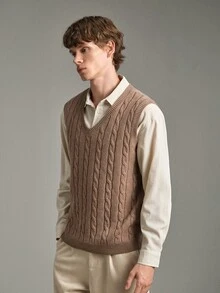 Calmiston Men's Wool Blend Cable Knit Sweater Vest V-Neck Solid Color Textured Sleeveless Pullover Casual Autumn Teachers' Day Coffee Brown Graduation - Khaki - View 10