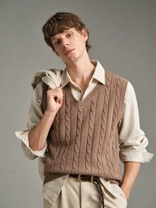 Calmiston Men's Wool Blend Cable Knit Sweater Vest V-Neck Solid Color Textured Sleeveless Pullover Casual Autumn Teachers' Day Coffee Brown Graduation - Khaki - View 4