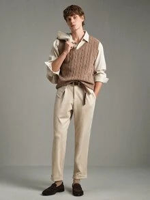 Calmiston Men's Wool Blend Cable Knit Sweater Vest V-Neck Solid Color Textured Sleeveless Pullover Casual Autumn Teachers' Day Coffee Brown Graduation - Khaki - View 6