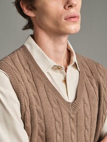 Calmiston Men's Wool Blend Cable Knit Sweater Vest V-Neck Solid Color Textured Sleeveless Pullover Casual Autumn Teachers' Day Coffee Brown Graduation - Khaki - View 11