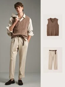 Calmiston Men's Wool Blend Cable Knit Sweater Vest V-Neck Solid Color Textured Sleeveless Pullover Casual Autumn Teachers' Day Coffee Brown Graduation - Khaki - View 8