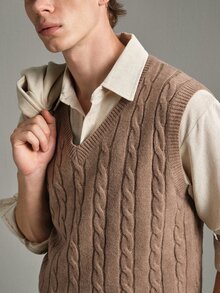 Calmiston Men's Wool Blend Cable Knit Sweater Vest V-Neck Solid Color Textured Sleeveless Pullover Casual Autumn Teachers' Day Coffee Brown Graduation - Khaki - View 5