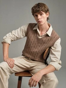 Calmiston Men's Wool Blend Cable Knit Sweater Vest V-Neck Solid Color Textured Sleeveless Pullover Casual Autumn Teachers' Day Coffee Brown Graduation - Khaki - View 9