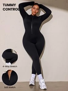 SHEIN Rhythm Era Women's Plus Size Sports Jumpsuit With Zipper Easy On/Off One-Piece Long Pants Ribbed Tight Seamless Butt-Lifting Jumpsuit Fall - Black - View 1