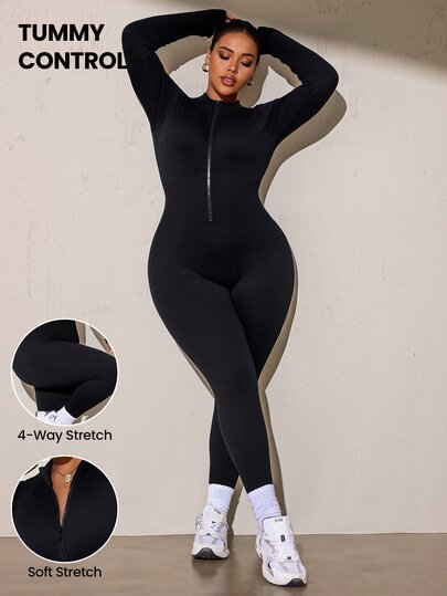 SHEIN Rhythm Era Women's Plus Size Sports Jumpsuit With Zipper Easy On/Off One-Piece Long Pants Ribbed Tight Seamless Butt-Lifting Jumpsuit Fall