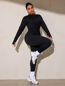 SHEIN Rhythm Era Women's Plus Size Sports Jumpsuit With Zipper Easy On/Off One-Piece Long Pants Ribbed Tight Seamless Butt-Lifting Jumpsuit Fall - Black - View 3