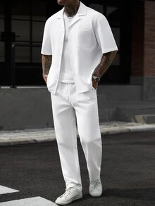 SLATEMANN Men's Bubble Textured Solid Color Loose Drop Shoulder Cuban Collar Casual Vacation Light Business Daily Commute Short Sleeve Shirt And Straight Leg Elastic Drawstring Pants 2-Piece Set - Beige - View 8