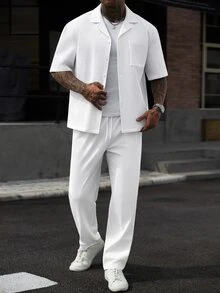 SLATEMANN Men's Bubble Textured Solid Color Loose Drop Shoulder Cuban Collar Casual Vacation Light Business Daily Commute Short Sleeve Shirt And Straight Leg Elastic Drawstring Pants 2-Piece Set - Beige - View 7