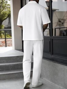 SLATEMANN Men's Bubble Textured Solid Color Loose Drop Shoulder Cuban Collar Casual Vacation Light Business Daily Commute Short Sleeve Shirt And Straight Leg Elastic Drawstring Pants 2-Piece Set - Beige - View 2