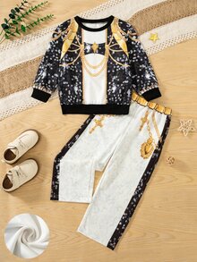 女童運動衫套裝，搖滾明星表演服飾，圓領長袖上衣，適合歌唱才藝表演、主題派對與舞台穿著 - 彩色 - 查看 4