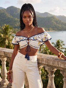 CAJUNI Women's Floral Print Ruffle Ruffle Front Tassel Cropped Top For Vacation - Multicolor - View 7