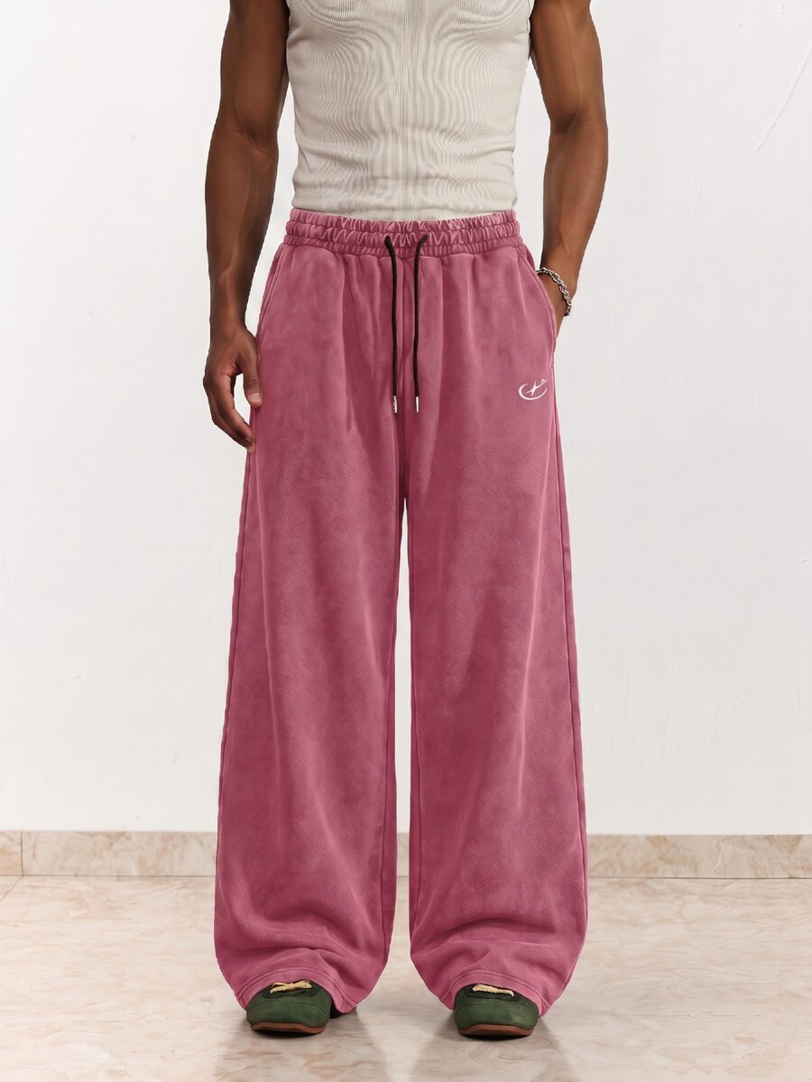 SWAVVY Men's Spring Autumn Summer Casual Loose Long Pants Standard Size Embroidered Black Snow Wash - Pink - View 1