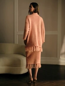 MOTF PREMIUM MOHAIR TASSEL CARDIGAN & CONTRAST SEQUINS PEPLUM HEM SWEATER & KNIT SKIRT 3 PIECES SET - Coral Orange - View 3