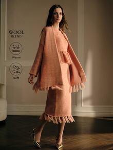 MOTF PREMIUM MOHAIR TASSEL CARDIGAN & CONTRAST SEQUINS PEPLUM HEM SWEATER & KNIT SKIRT 3 PIECES SET - Coral Orange - View 1