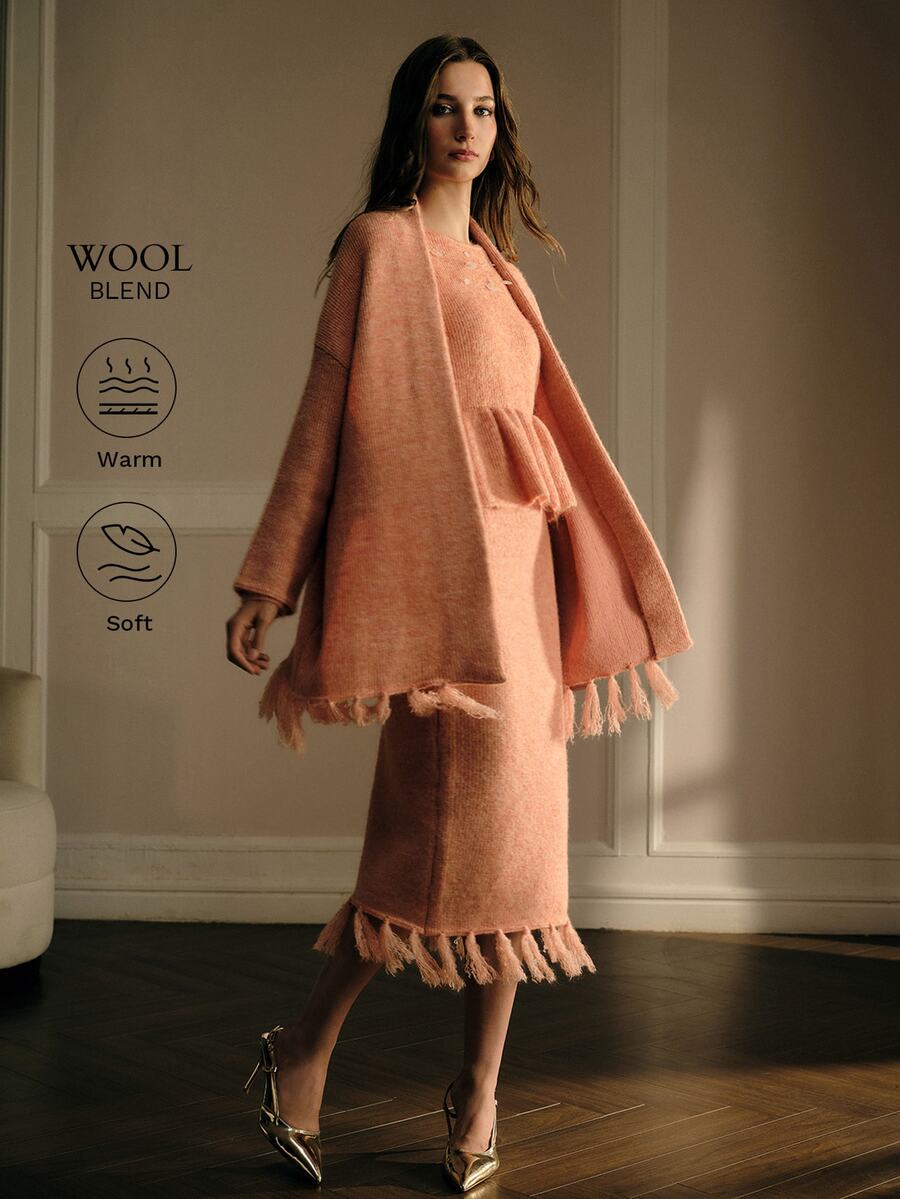 MOTF PREMIUM MOHAIR TASSEL CARDIGAN & CONTRAST SEQUINS PEPLUM HEM SWEATER & KNIT SKIRT 3 PIECES SET - Coral Orange - View 1