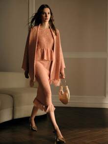 MOTF PREMIUM MOHAIR TASSEL CARDIGAN & CONTRAST SEQUINS PEPLUM HEM SWEATER & KNIT SKIRT 3 PIECES SET - Coral Orange - View 5