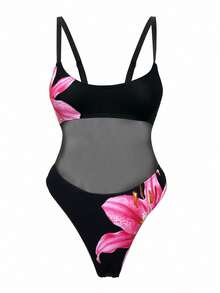 SHEIN Swim 女士吊带纯色网状拼接性感镂空连体泳衣，夏季海滩节波西米亚风格 - 黑色 - 查看 4