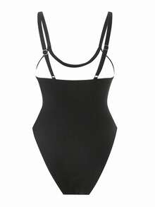 SHEIN Swim 女士吊带纯色网状拼接性感镂空连体泳衣，夏季海滩节波西米亚风格 - 黑色 - 查看 5