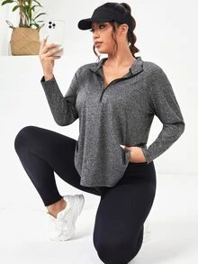 SHEIN Rhythm Era Plus Size Half Zip Sports Long Sleeve Tee Fall - Grey - View 1