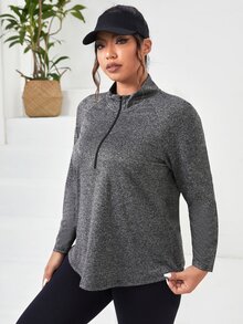 SHEIN Rhythm Era Plus Size Half Zip Sports Long Sleeve Tee Fall - Grey - View 3