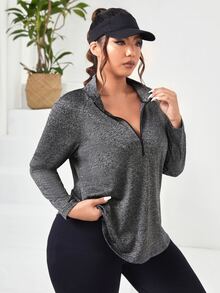SHEIN Rhythm Era Plus Size Half Zip Sports Long Sleeve Tee Fall - Grey - View 4