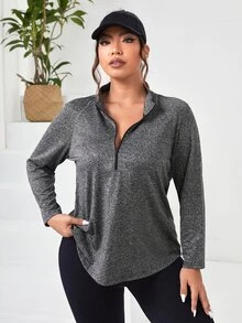 SHEIN Rhythm Era Plus Size Half Zip Sports Long Sleeve Tee Fall - Grey - View 5