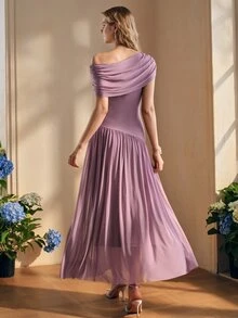 Anewsta Elegant Knitted Fabric Design Mesh Body Ruched Slimming Long Dress For Women - Purple - View 2