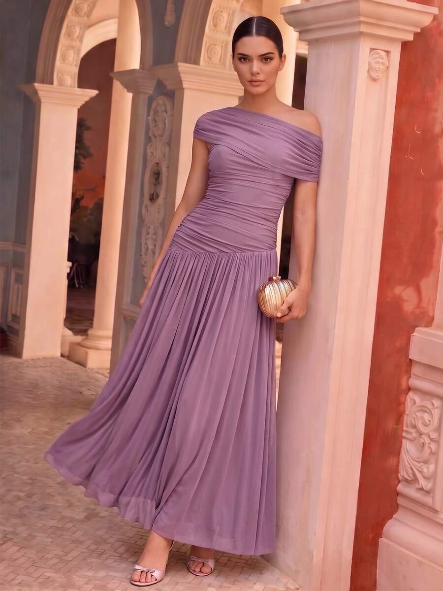 Anewsta Elegant Knitted Fabric Design Mesh Body Ruched Slimming Long Dress For Women - Purple - View 1