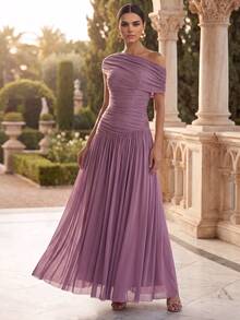 Anewsta Elegant Knitted Fabric Design Mesh Body Ruched Slimming Long Dress For Women - Purple - View 4