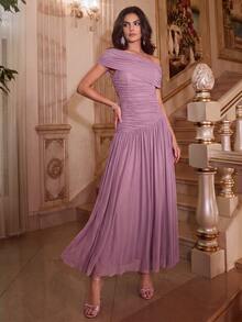 Anewsta Elegant Knitted Fabric Design Mesh Body Ruched Slimming Long Dress For Women - Purple - View 3