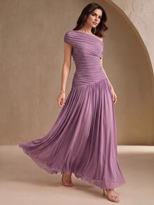 Anewsta Elegant Knitted Fabric Design Mesh Body Ruched Slimming Long Dress For Women - Purple - View 8