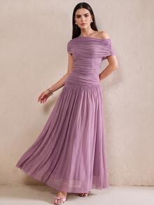 Anewsta Elegant Knitted Fabric Design Mesh Body Ruched Slimming Long Dress For Women - Purple - View 5