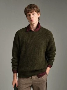 Calmiston Old Money Men's Wool Blend Crew Neck Knit Sweater Solid Color Casual Soft Long Sleeve Pullover For Daily Wear Autumn Winter Hiking Olive Green - Army Green - View 6