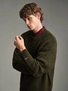 Calmiston Old Money Men's Wool Blend Crew Neck Knit Sweater Solid Color Casual Soft Long Sleeve Pullover For Daily Wear Autumn Winter Hiking Olive Green - Army Green - View 4