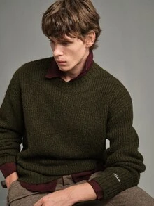 Calmiston Old Money Men's Wool Blend Crew Neck Knit Sweater Solid Color Casual Soft Long Sleeve Pullover For Daily Wear Autumn Winter Hiking Olive Green - Army Green - View 9