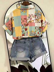 Breezaya 大尺碼女款花卉印花短袖單排扣休閒襯衫 - 彩色 - 查看 2