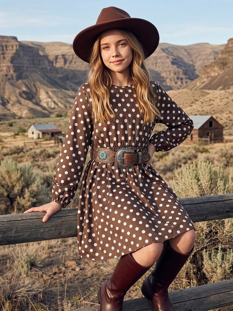 SHEIN ملابس خريفية للبنات المراهقات بأسلوب أمريكي، فساتين خريفية للبنات - بني - مشاهدة 1