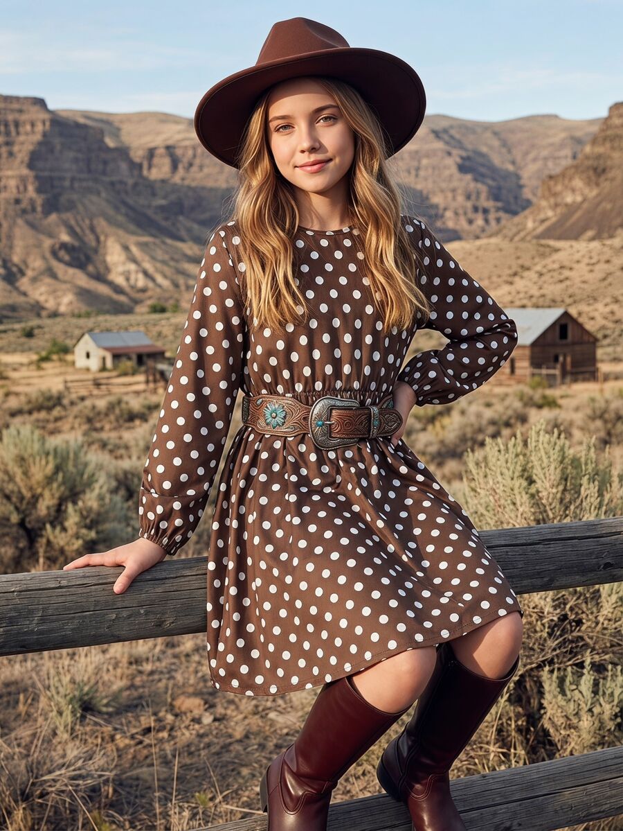 SHEIN 青少年女孩美式秋季風格秋季穿搭秋季洋裝女孩洋裝 - 棕色 - 查看 1