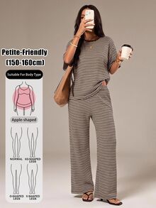 SHEIN PETITE Setelan 2 Potong Wanita Serbaguna: Kaos Lengan Pendek Kerah Bulat dan Celana Panjang dengan Desain Blok Warna - MultiWarna - View 11
