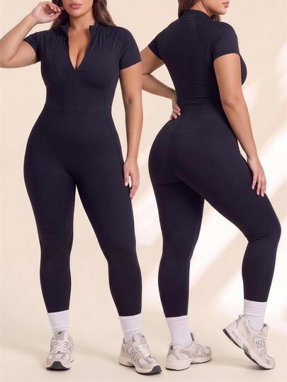 Rhythm Era Plus Size Women Sports Yoga Jumpsuit Fitness Outdoor Half Zip Stand Collar Tight Pants