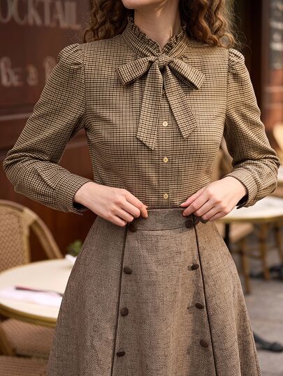 Vintamour Vintage elegante Damenbluse mit Rüschenkragen, Schleifenmanschetten und gerafften Details, Langarm Lässig Arbeitshemd Herbst Damenkleidung Homecoming Winter