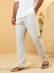 Palmeraft Men's Casual Drawstring Linen Blend Trousers,Light Beige,Summer,Beach,Holiday Relaxed Fit Breathable Loose Pants For Vacation,Vintage Old Money Style - Light Grey - View 8