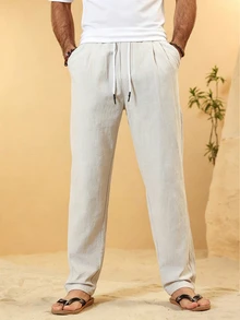 Palmeraft Men's Casual Drawstring Linen Blend Trousers,Light Beige,Summer,Beach,Holiday Relaxed Fit Breathable Loose Pants For Vacation,Vintage Old Money Style - Light Grey - View 4