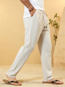 Palmeraft Men's Casual Drawstring Linen Blend Trousers,Light Beige,Summer,Beach,Holiday Relaxed Fit Breathable Loose Pants For Vacation,Vintage Old Money Style - Light Grey - View 7