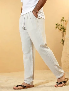 Palmeraft Men's Casual Drawstring Linen Blend Trousers,Light Beige,Summer,Beach,Holiday Relaxed Fit Breathable Loose Pants For Vacation,Vintage Old Money Style - Light Grey - View 5