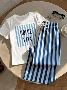 Comfortcana Conjunto Casual de 2 Peças com Camiseta de Manga Curta e Gola Redonda com Estampa de Listras e Letras e Calça para Mulheres - Multicolorido - Visão 5