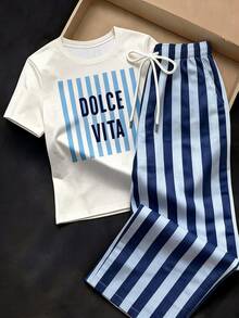 Comfortcana Conjunto Casual de 2 Peças com Camiseta de Manga Curta e Gola Redonda com Estampa de Listras e Letras e Calça para Mulheres - Multicolorido - Visão 6