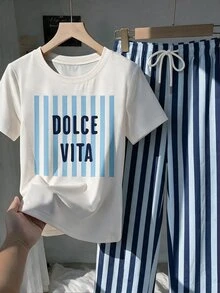 Comfortcana Conjunto Casual de 2 Peças com Camiseta de Manga Curta e Gola Redonda com Estampa de Listras e Letras e Calça para Mulheres - Multicolorido - Visão 3
